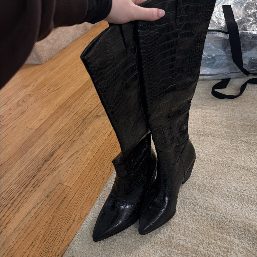 Princess Polly Black Croc-Embossed Knee High Boots
